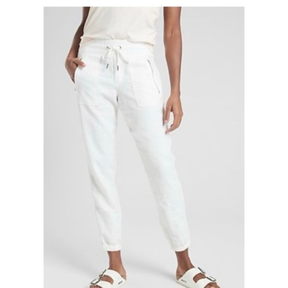 Athleta Joggers Womens Size 12 White Cabo Linen Pants Zip Pockets Drawstrings